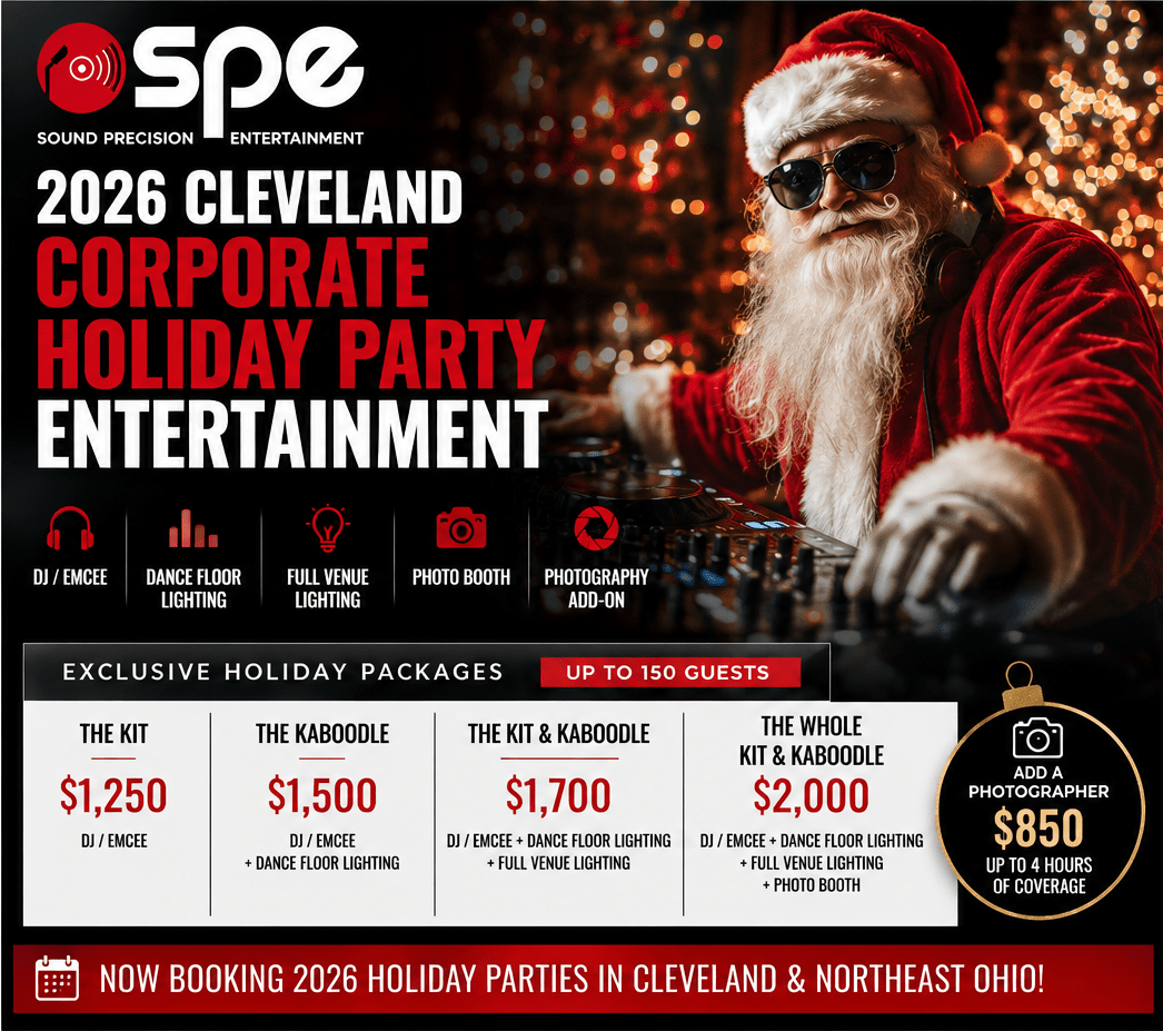 Cleveland Corporate Holiday Party DJ & Christmas Party Entertainment | SPE Sound Precision Entertainment Cleveland corporate holiday party DJ, lighting, photo booth and photography package pricing for 2026